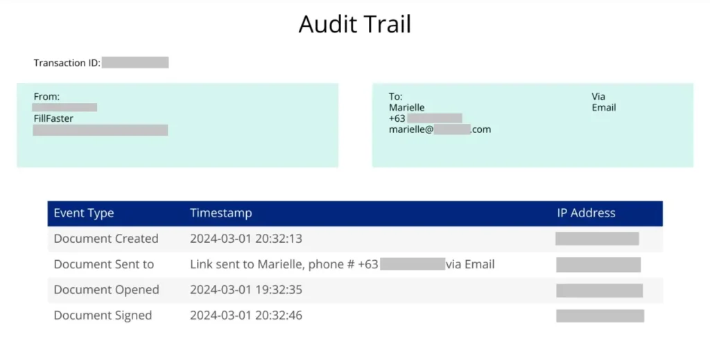 Example of an audit trail in FillFaster