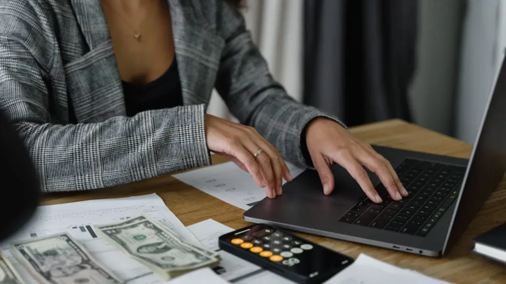 Woman working on laptop with financial documents