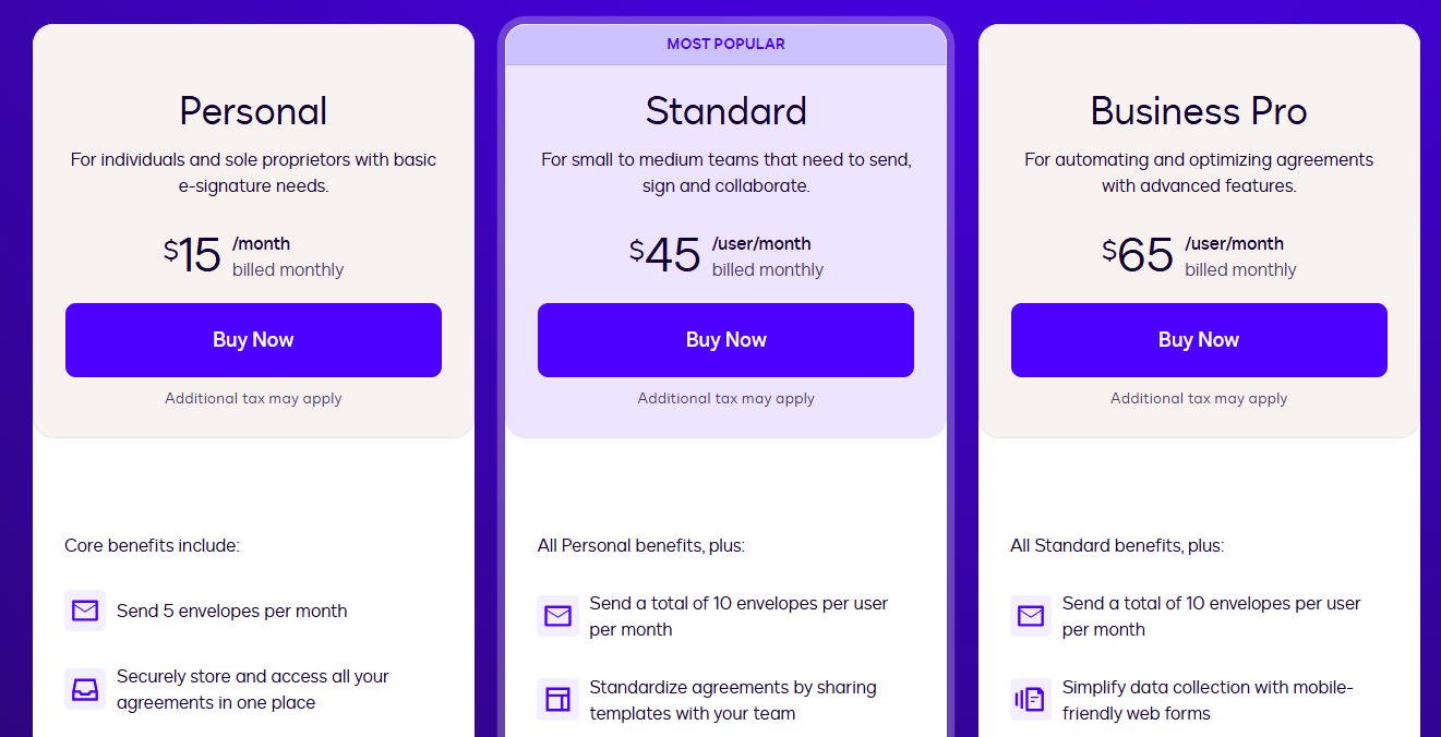 DocuSign pricing table