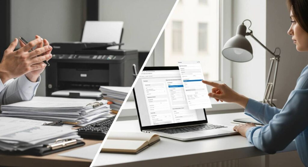 split image of a cluttered desk with piles of papers and the other woman using laptop for forms and esignatures