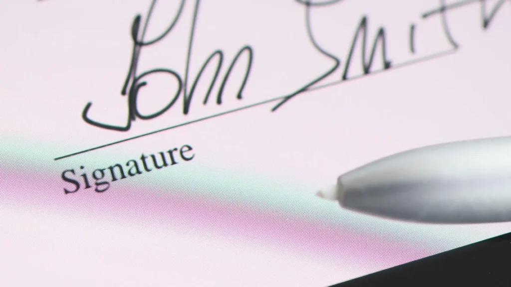 Stylus writing signature on tablet