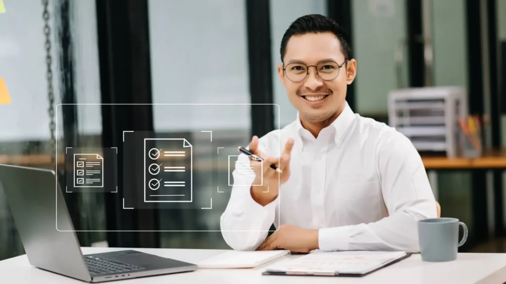 Man managing online contracts with digital signature