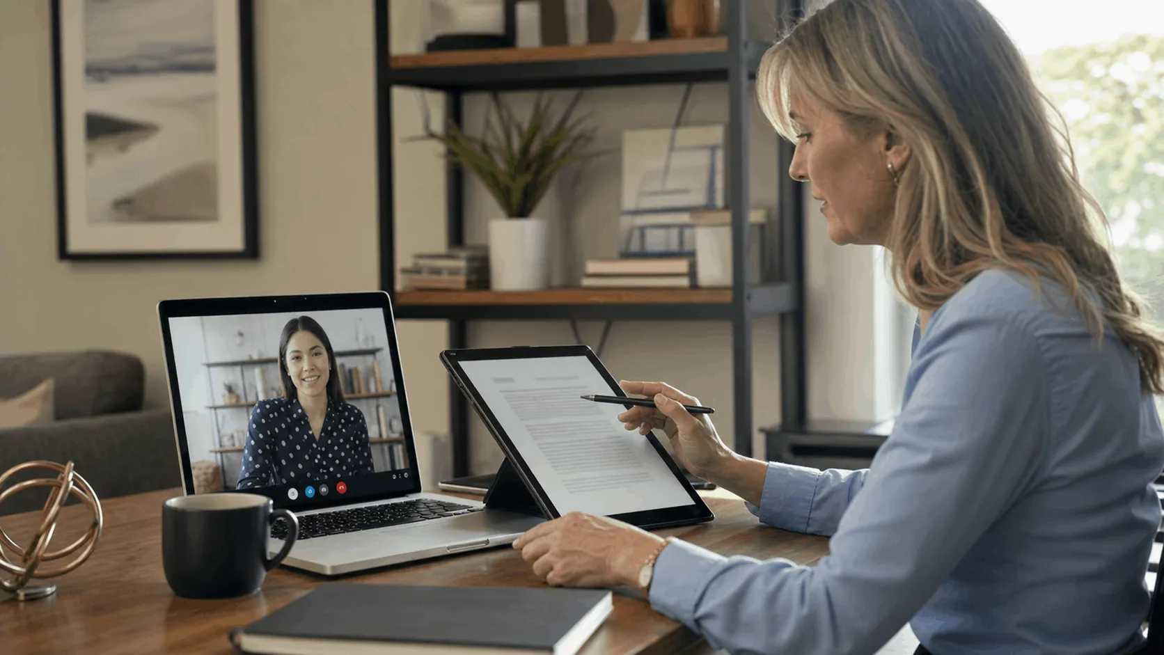 A businesswoman reviewing a virtual assistant contract on a laptop and tablet at her desk