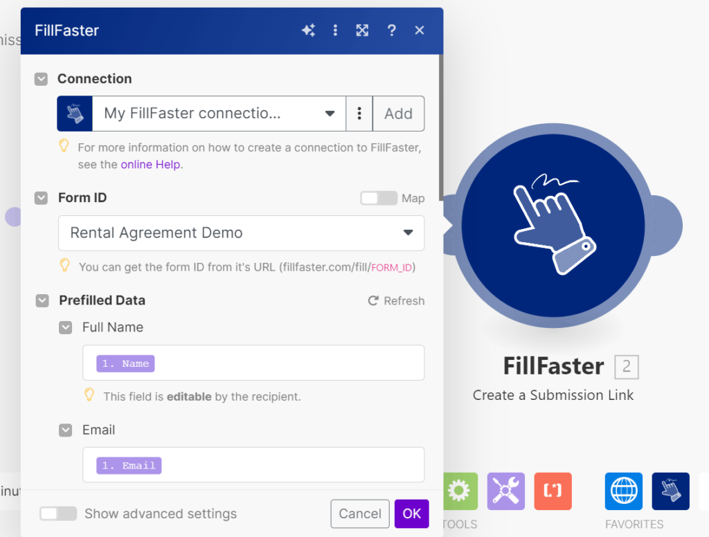 צילום מסך של תהליך FillFaster ו-Make — יצירת שליחה