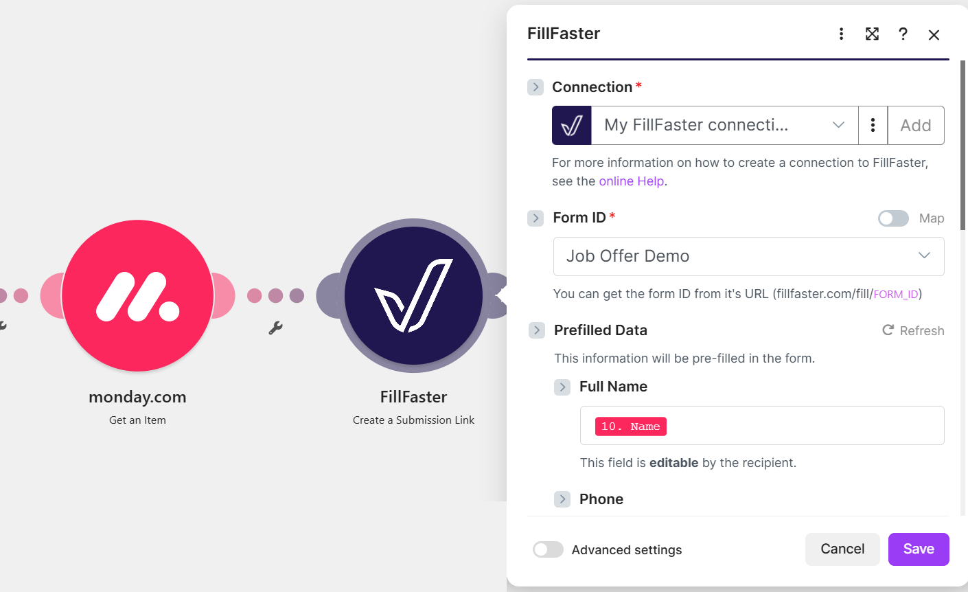 צילום מסך של תהליך FillFaster ו-Make - יצירת שליחה
