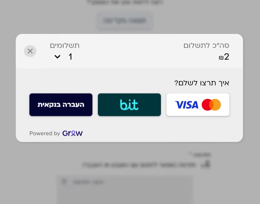 מסך תשלום Grow מתוך טופס FillFaster.
