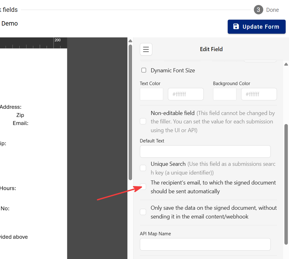 The Edit Field panel, with an arrow pointing at the checkbox that emails the signed document to the recipient.